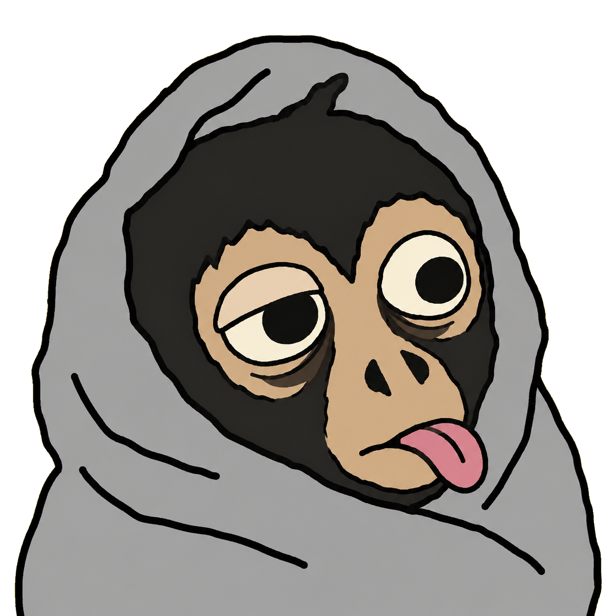 NOMBU, a monkey wrapped in a gray blanket, tongue out
